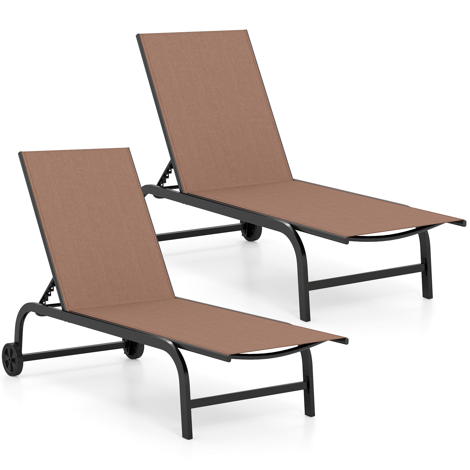 Costway 2 Stucks Zonnebed met Wielen Robuust Tuinbed met 6-voudig Verstelbare Rugleuning tot 180° Plat Ligstoel Bruin