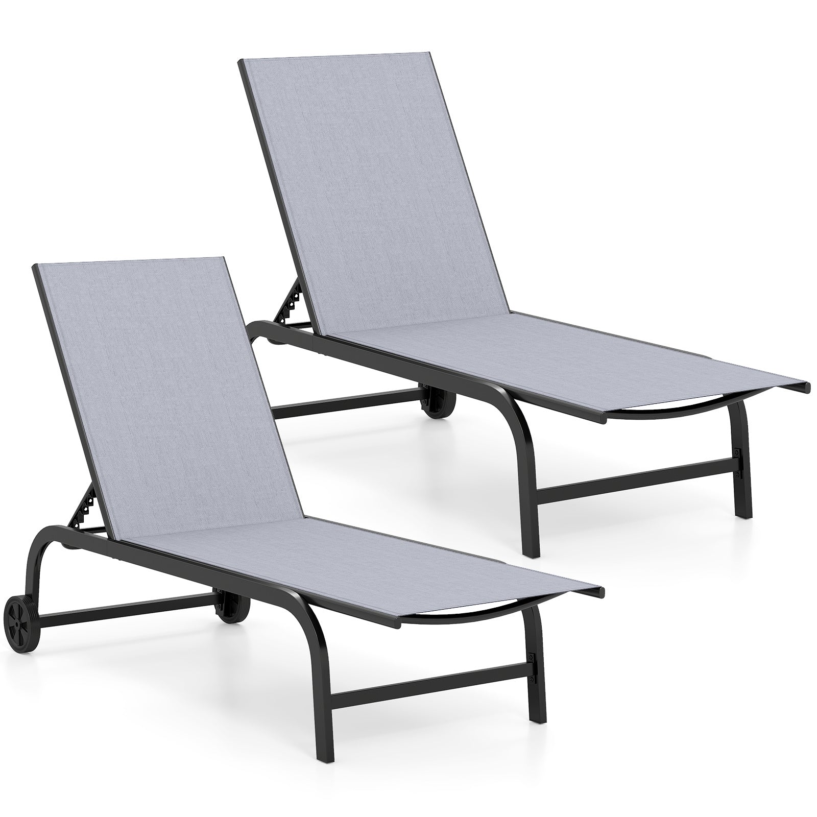 Costway 2 Stucks Zonnebed met Wielen Robuust Tuinbed met 6-voudig Verstelbare Rugleuning tot 180° Plat Ligstoel Grijs