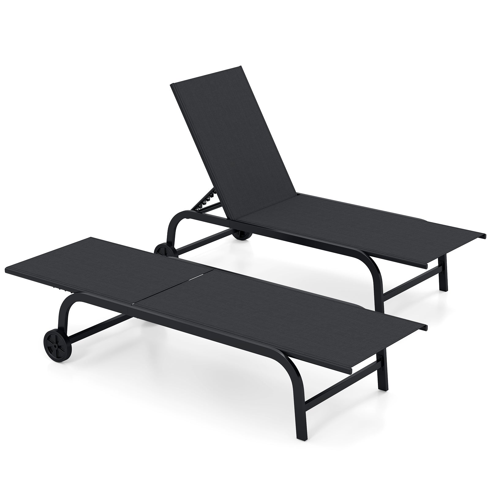Costway 2 Stucks Zonnebed met Wielen Robuust Tuinbed met 6-voudig Verstelbare Rugleuning tot 180° Plat Ligstoel Zwart