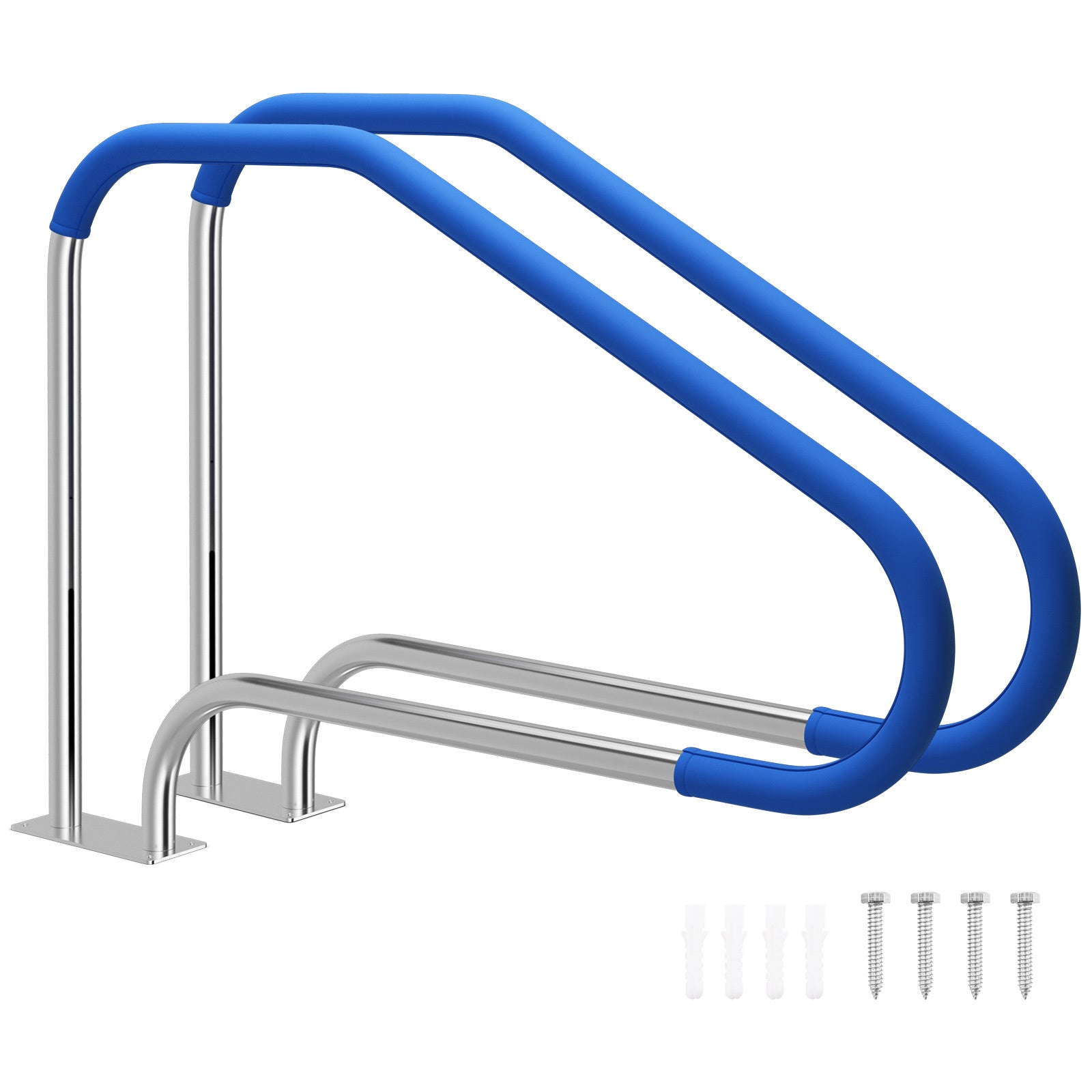 Costway 2 Stucks Zwembadleuning 119 x 79 cm Roestvrijstalen Zwembadhandgreep Inclusief Voetplaat Antislipbekleding en Toebehoren