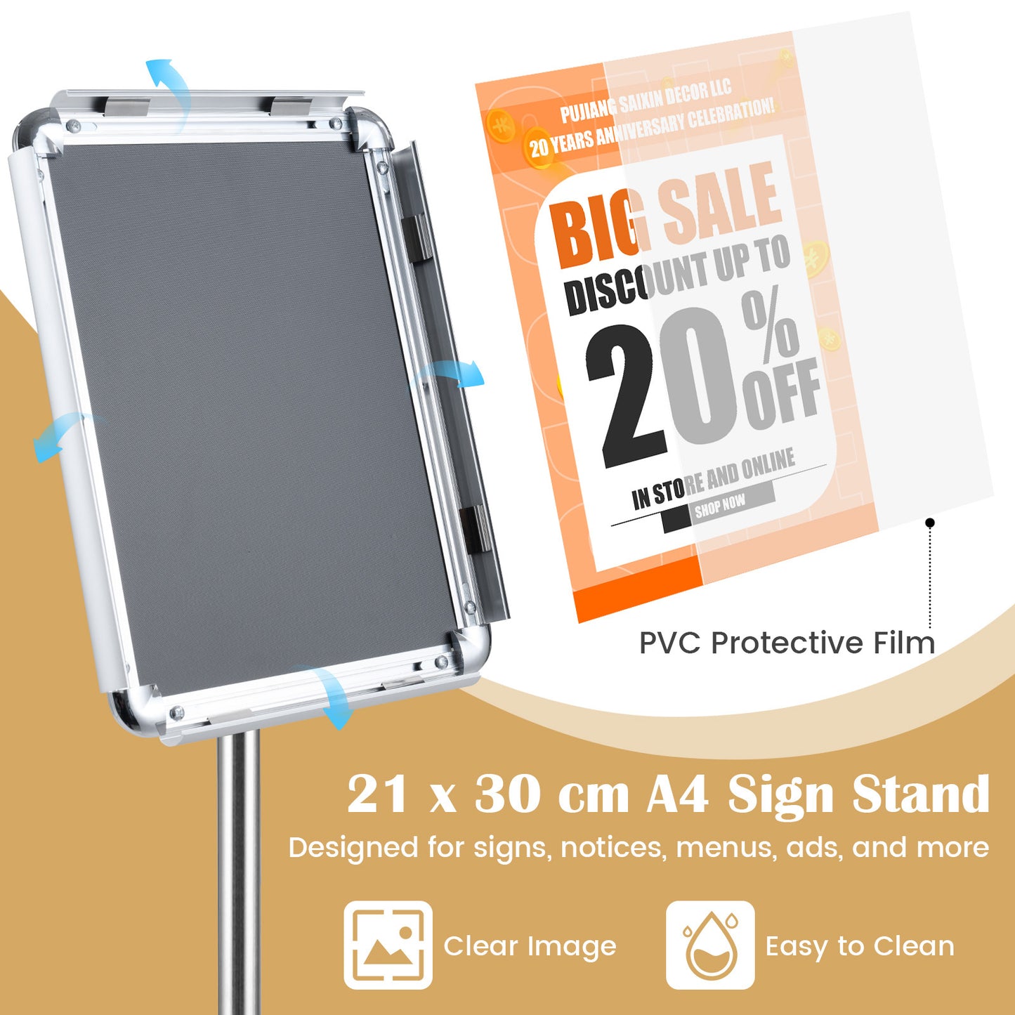 Costway (2 Stuks) Informatiehouder A4 81–131 cm in Hoogte Verstelbare Menukaartenhouder Draaibaar Posterstandaard met Vulbare Voet Reclamehouder Bordhouder Zilver