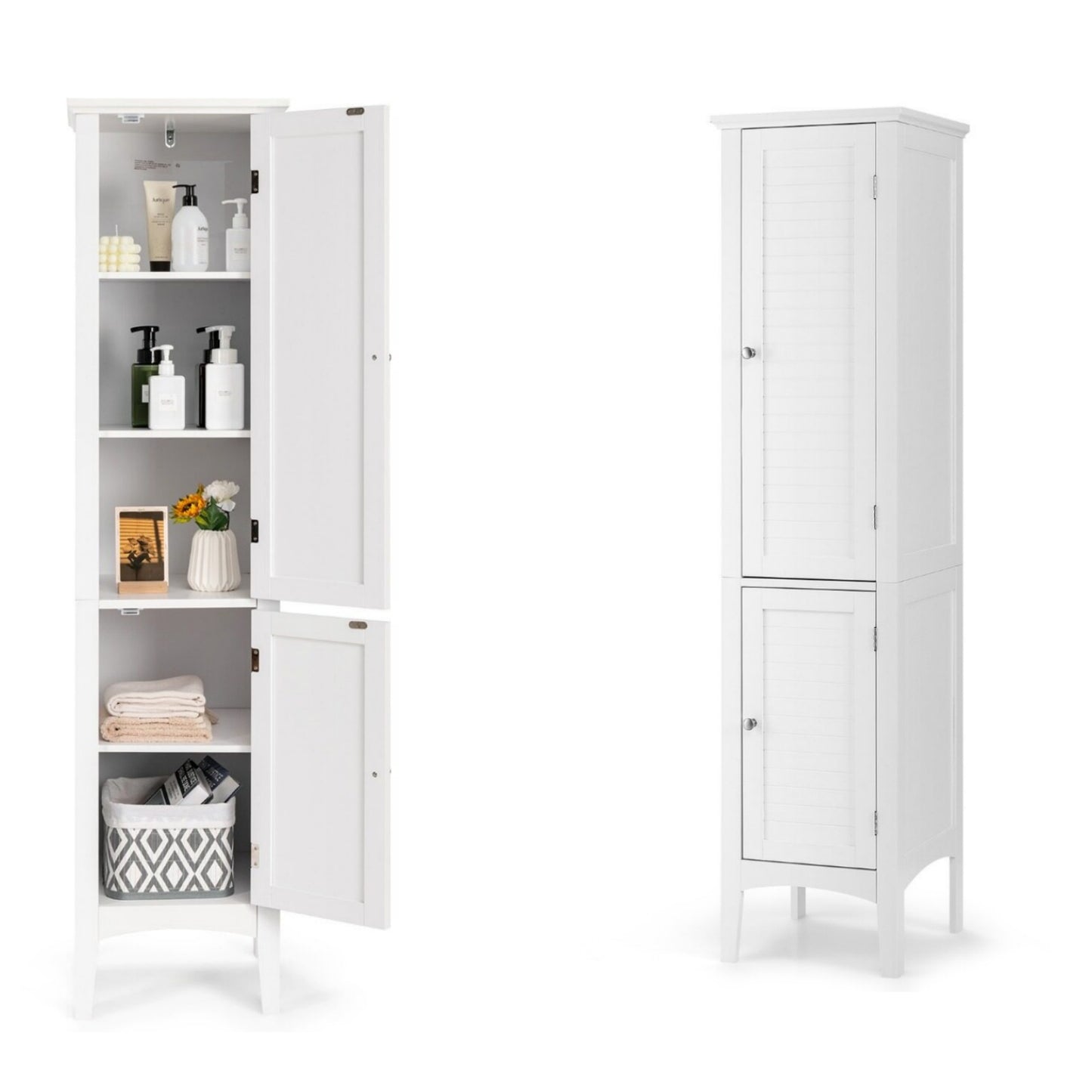 Costway （2 Stuks）Opbergmeubel voor Badkamer Staande Kolom met 5 Niveaus Opbergkasten voor Keuken Woonkamer-Wit