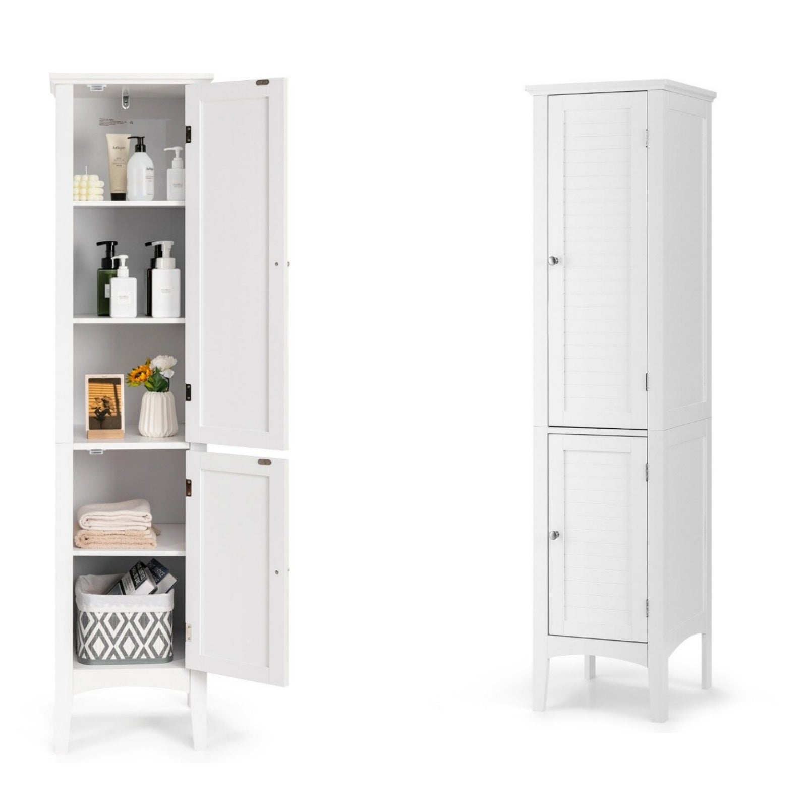 Costway （2 Stuks）Opbergmeubel voor Badkamer Staande Kolom met 5 Niveaus Opbergkasten voor Keuken Woonkamer-Wit