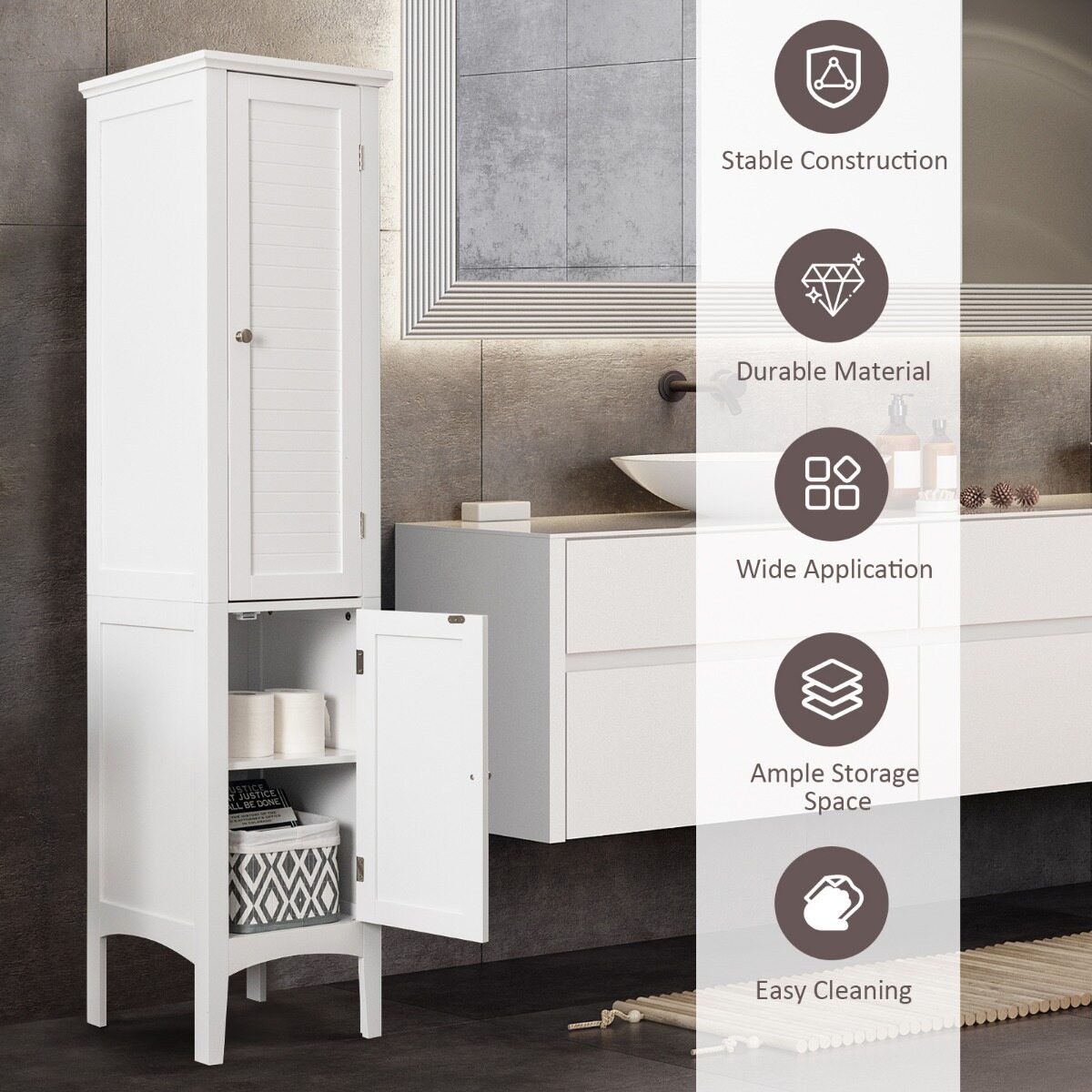 Costway （2 Stuks）Opbergmeubel voor Badkamer Staande Kolom met 5 Niveaus Opbergkasten voor Keuken Woonkamer-Wit