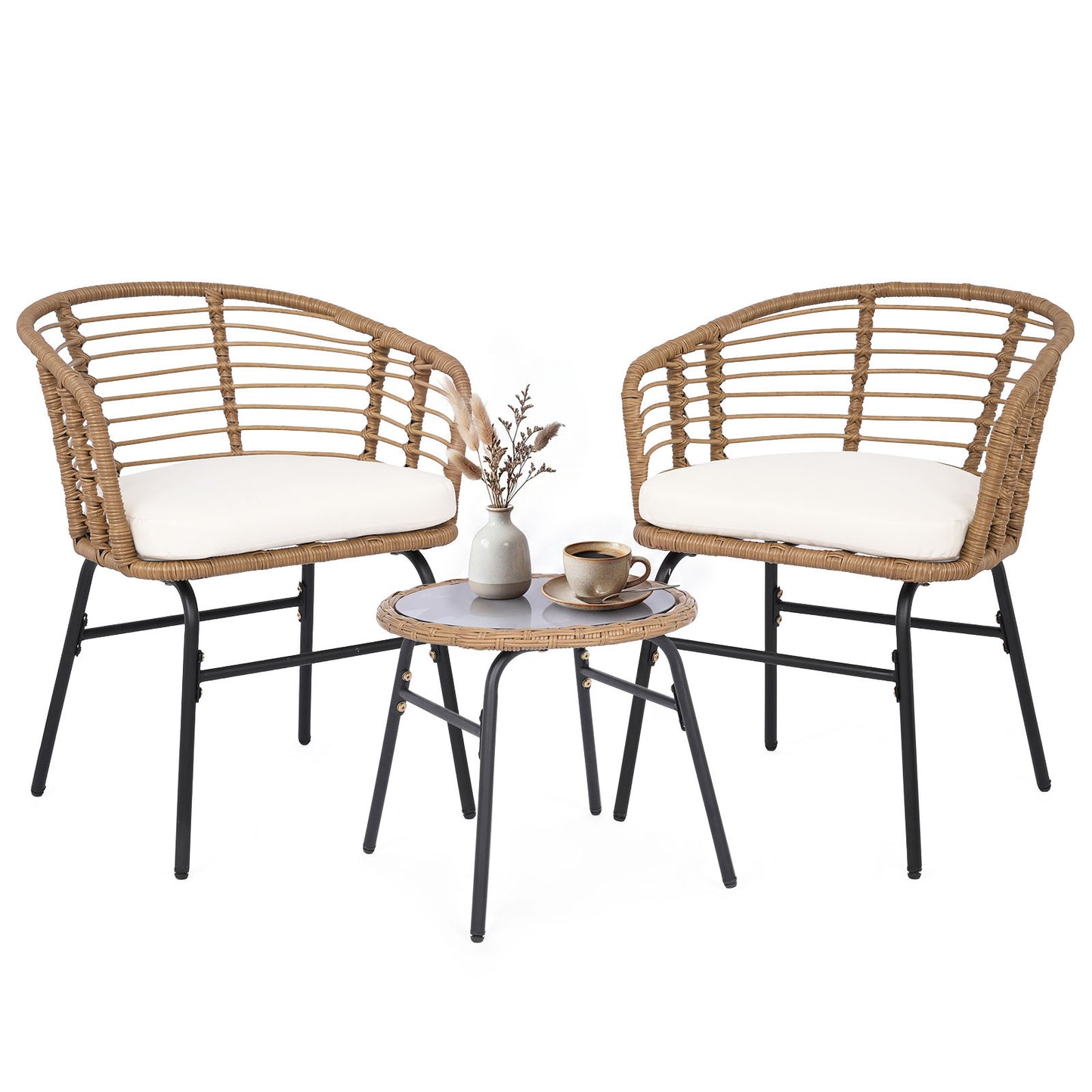 Costway 3-delig Rattan Tuinmeubel Set Bistroset voor 2 Personen Balkonmeubels met Glastafel & Ergonomische
