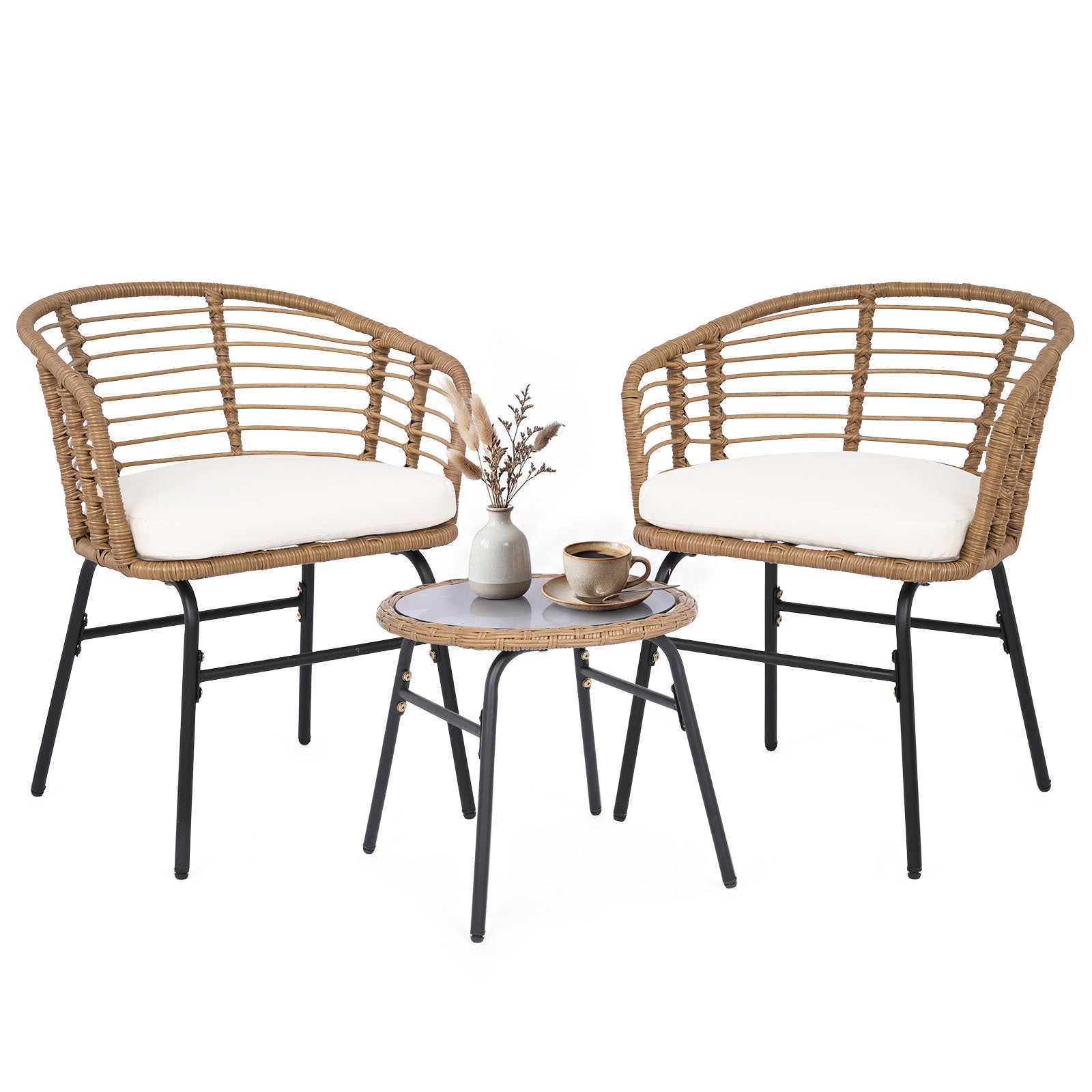 Costway 3-delig Rattan Tuinmeubel Set Bistroset voor 2 Personen Balkonmeubels met Glastafel & Ergonomische