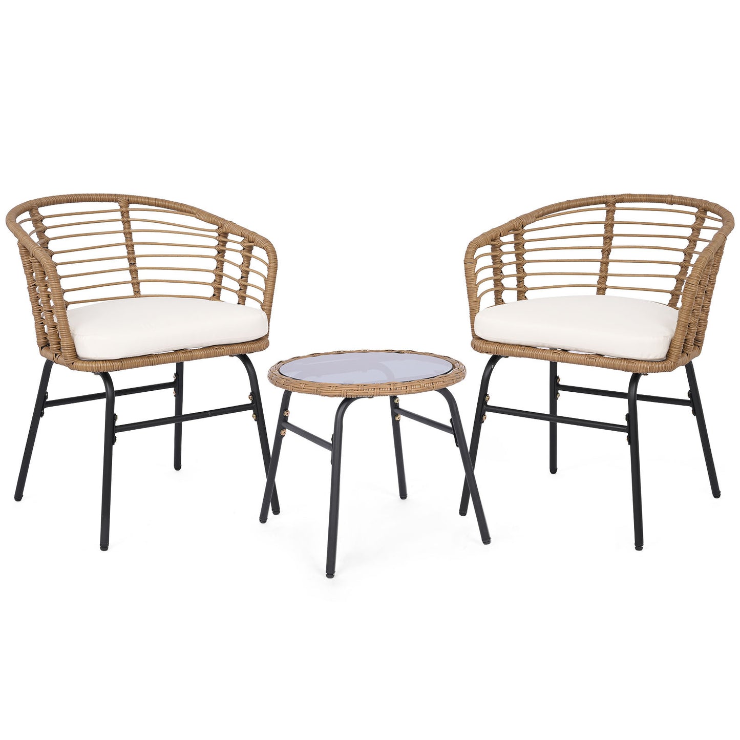 Costway 3-delig Rattan Tuinmeubel Set Bistroset voor 2 Personen Balkonmeubels met Glastafel & Ergonomische