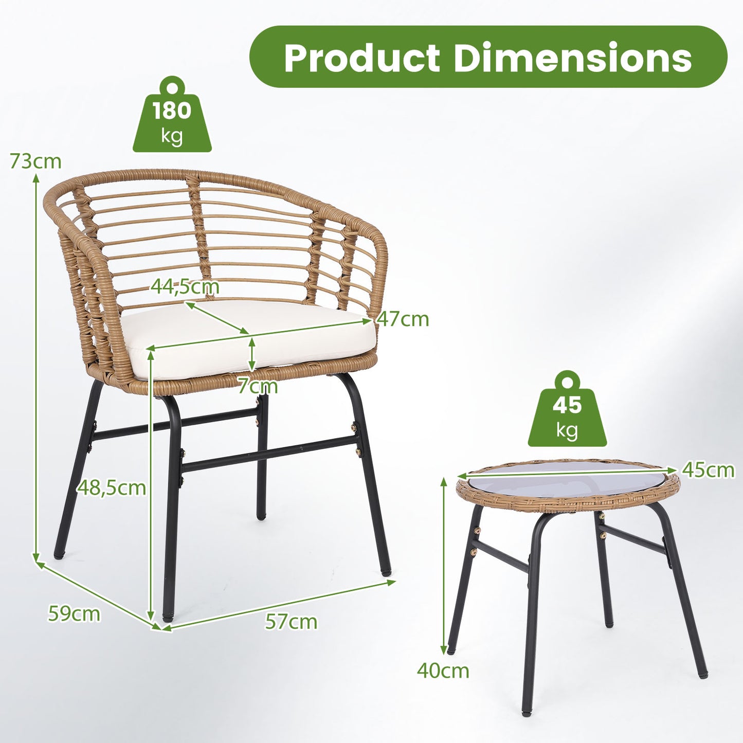 Costway 3-delig Rattan Tuinmeubel Set Bistroset voor 2 Personen Balkonmeubels met Glastafel & Ergonomische