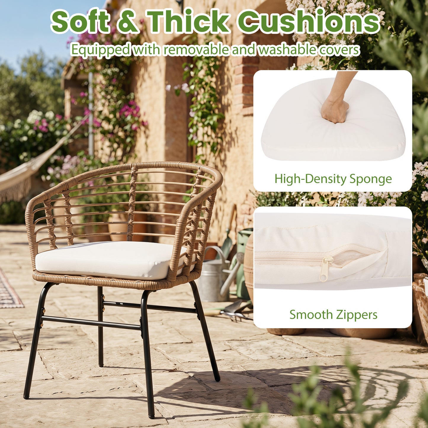 Costway 3-delig Rattan Tuinmeubel Set Bistroset voor 2 Personen Balkonmeubels met Glastafel & Ergonomische