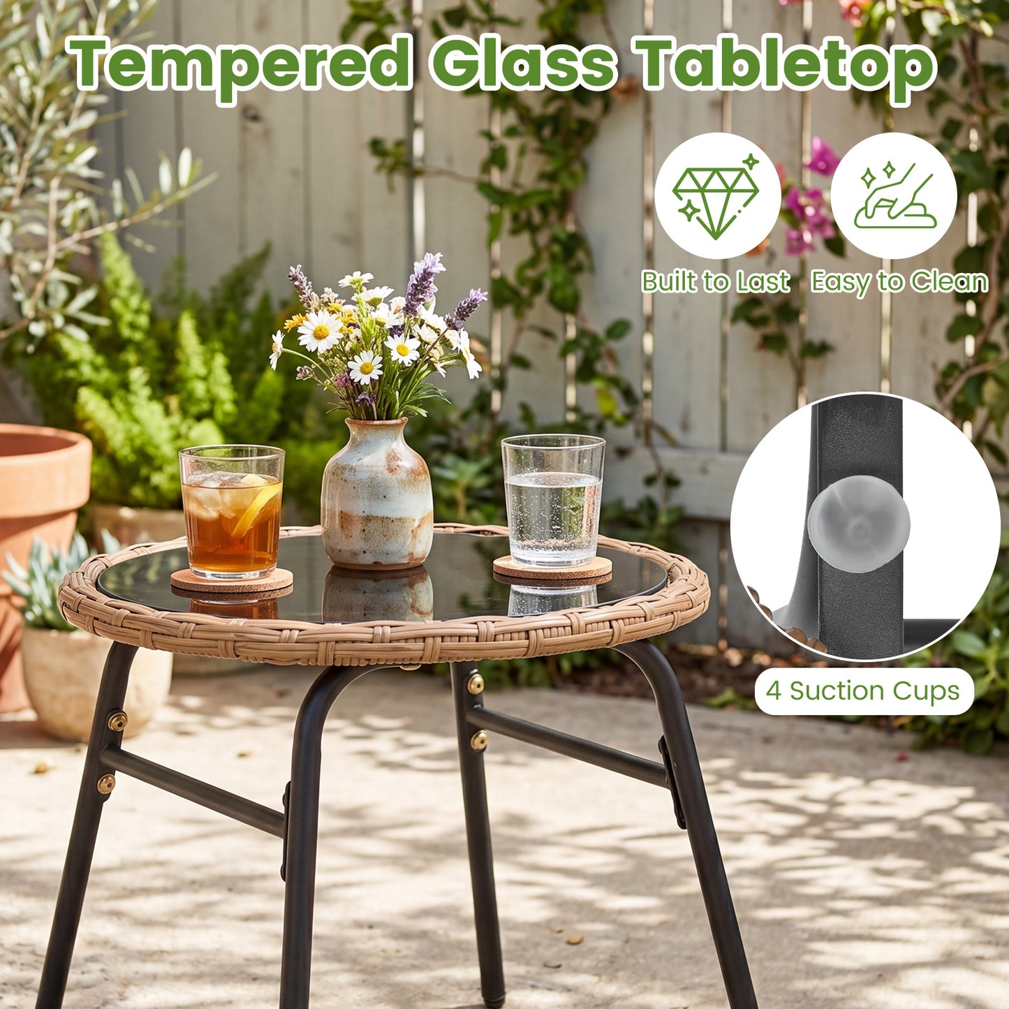 Costway 3-delig Rattan Tuinmeubel Set Bistroset voor 2 Personen Balkonmeubels met Glastafel & Ergonomische