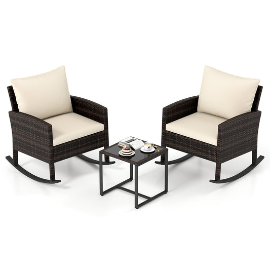 Costway 3-Delig Tuinmeubelset Balkonmeubels van Rattan met 2 Schommelstoelen & Glazen Tafel Balkonset Beige