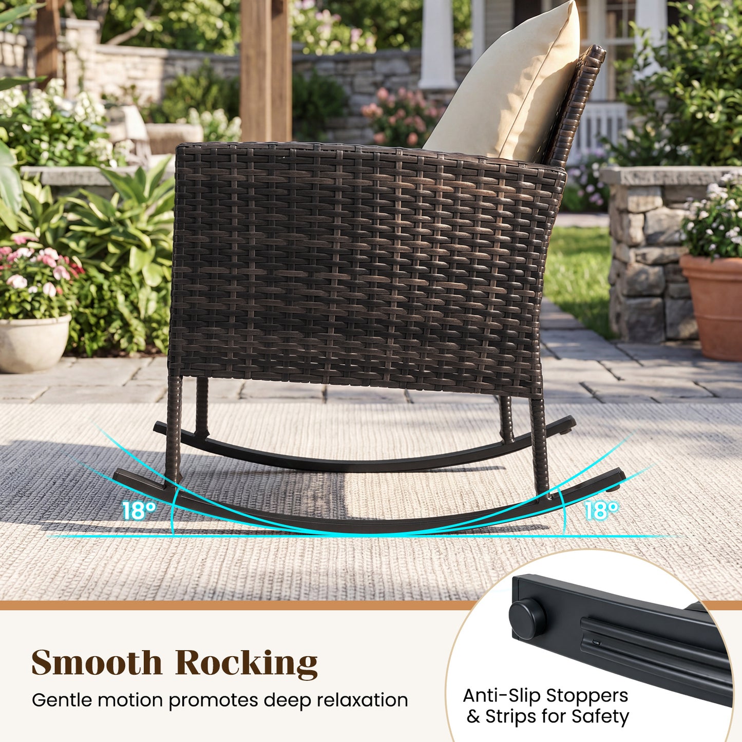 Costway 3-Delig Tuinmeubelset Balkonmeubels van Rattan met 2 Schommelstoelen & Glazen Tafel Balkonset Beige