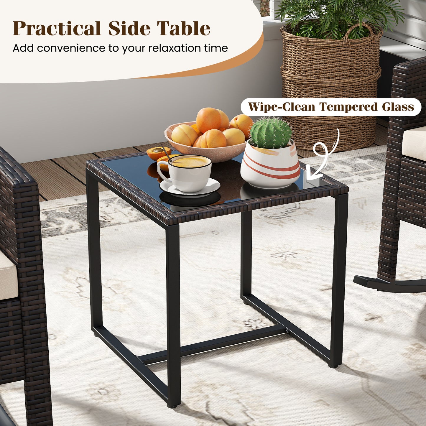Costway 3-Delig Tuinmeubelset Balkonmeubels van Rattan met 2 Schommelstoelen & Glazen Tafel Balkonset Beige