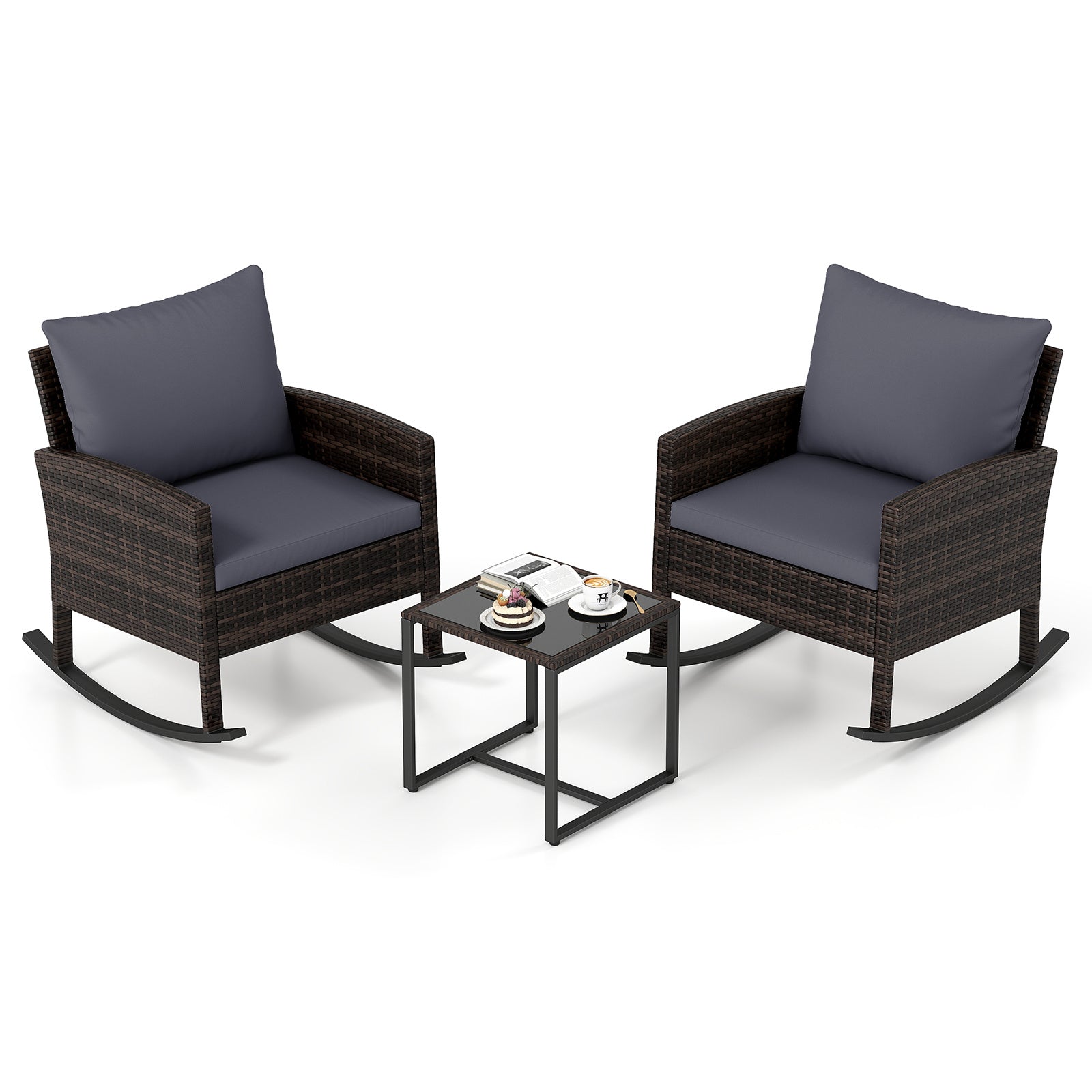 Costway 3-Delig Tuinmeubelset Balkonmeubels van Rattan met 2 Schommelstoelen & Glazen Tafel Balkonset Grijs
