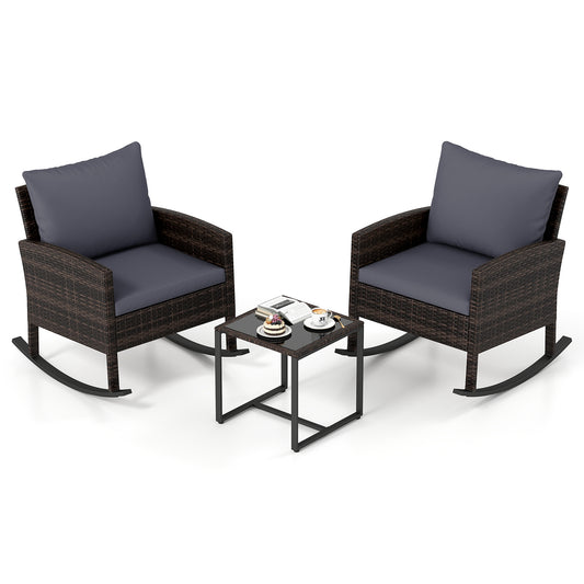 Costway 3-Delig Tuinmeubelset Balkonmeubels van Rattan met 2 Schommelstoelen & Glazen Tafel Balkonset Grijs