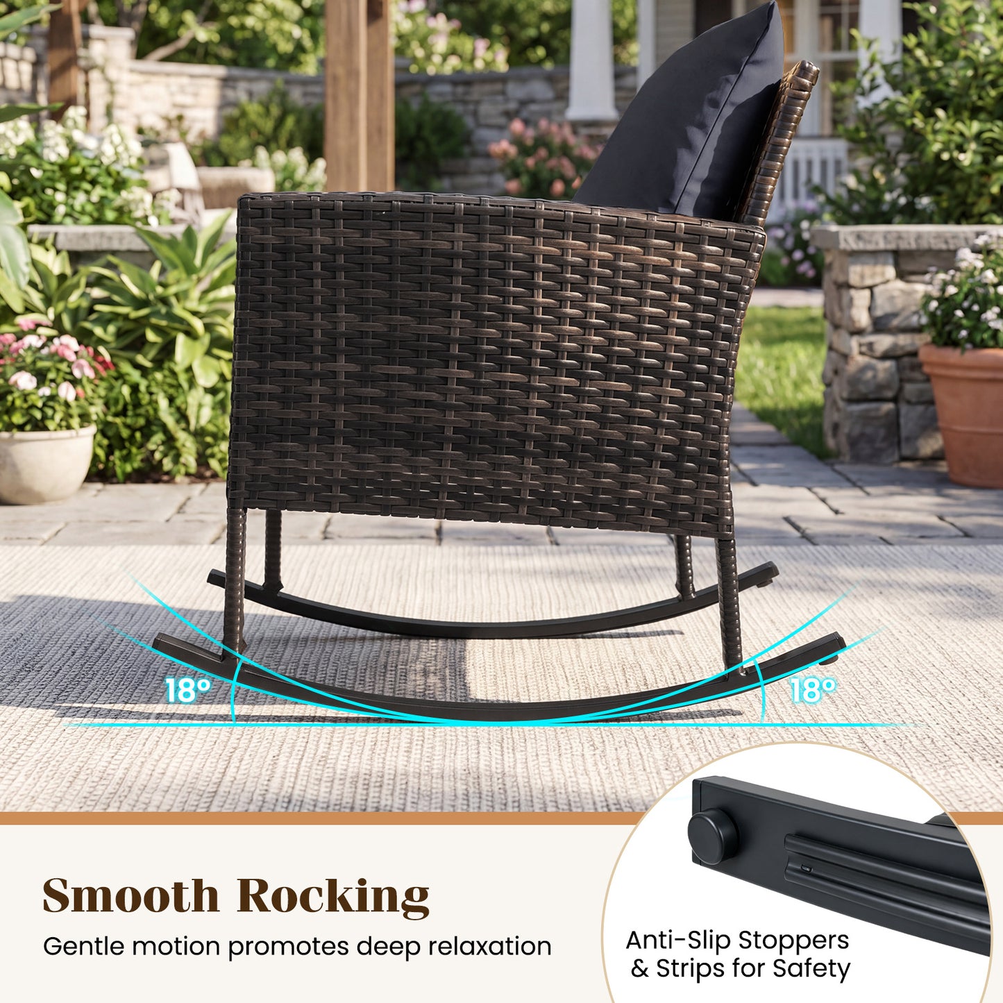 Costway 3-Delig Tuinmeubelset Balkonmeubels van Rattan met 2 Schommelstoelen & Glazen Tafel Balkonset Grijs