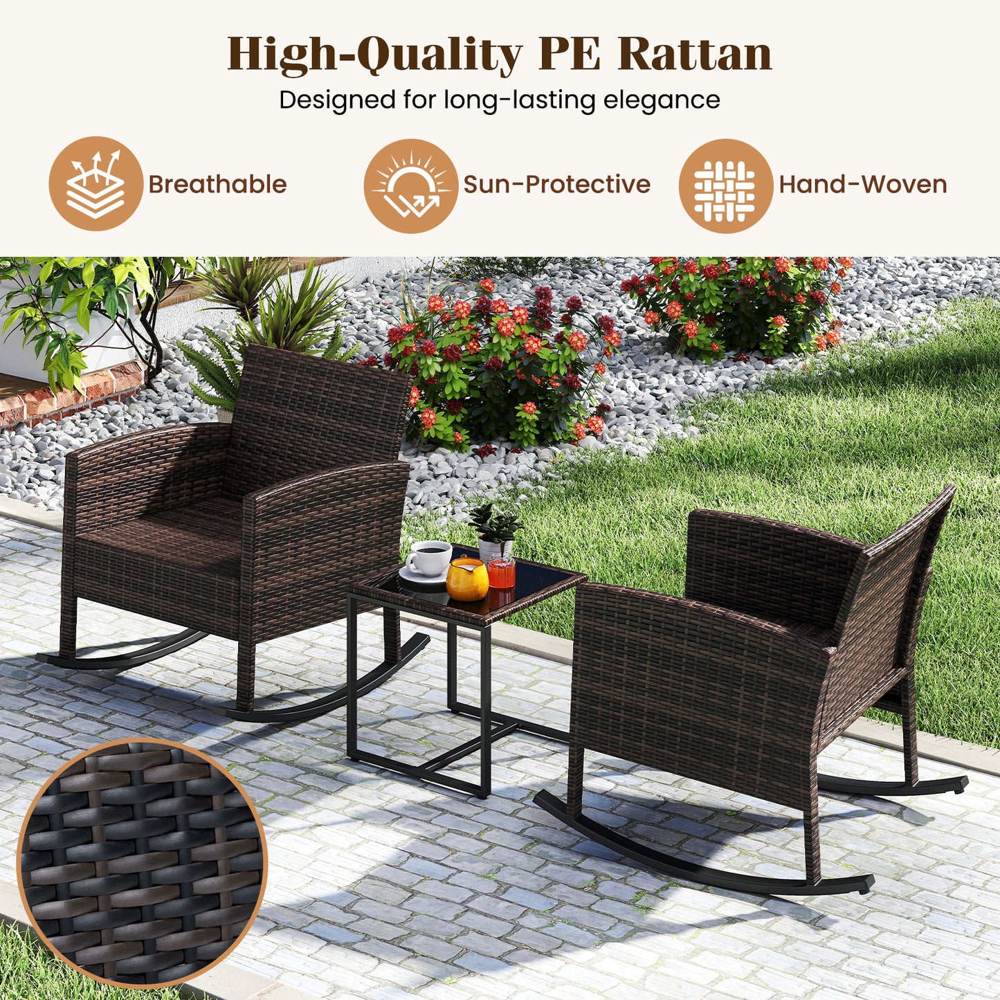 Costway 3-Delig Tuinmeubelset Balkonmeubels van Rattan met 2 Schommelstoelen & Glazen Tafel Balkonset Grijs