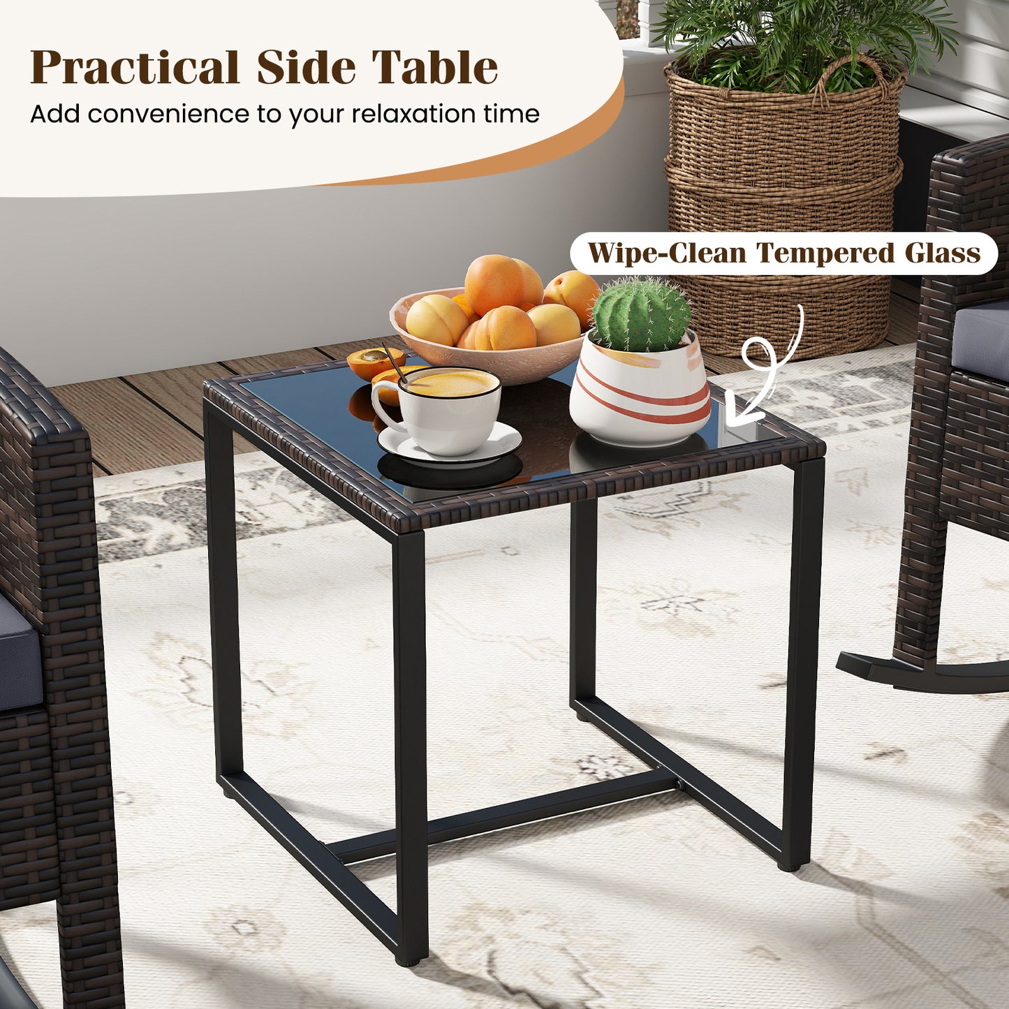 Costway 3-Delig Tuinmeubelset Balkonmeubels van Rattan met 2 Schommelstoelen & Glazen Tafel Balkonset Grijs