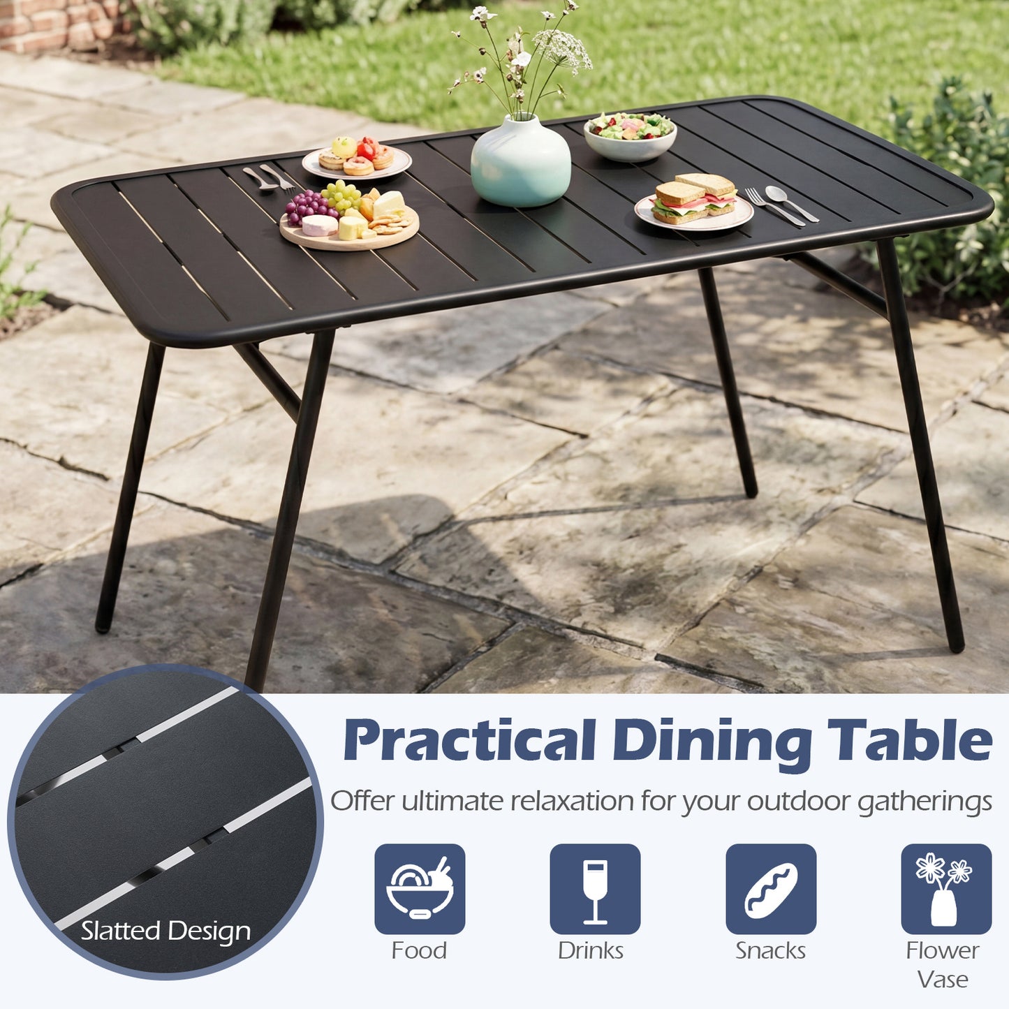Costway 3-delig Tuinmeubelset van Metaal Balkonmeubels met Tafel & 2 Banken Moderne Tuinstoelen