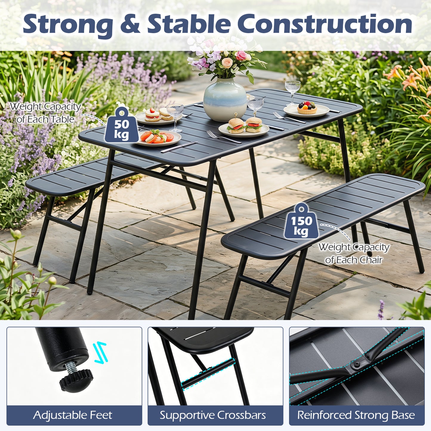 Costway 3-delig Tuinmeubelset van Metaal Balkonmeubels met Tafel & 2 Banken Moderne Tuinstoelen