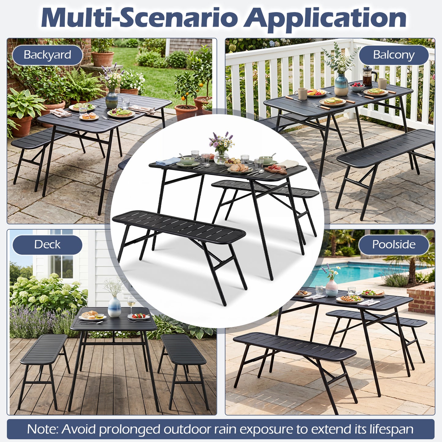 Costway 3-delig Tuinmeubelset van Metaal Balkonmeubels met Tafel & 2 Banken Moderne Tuinstoelen