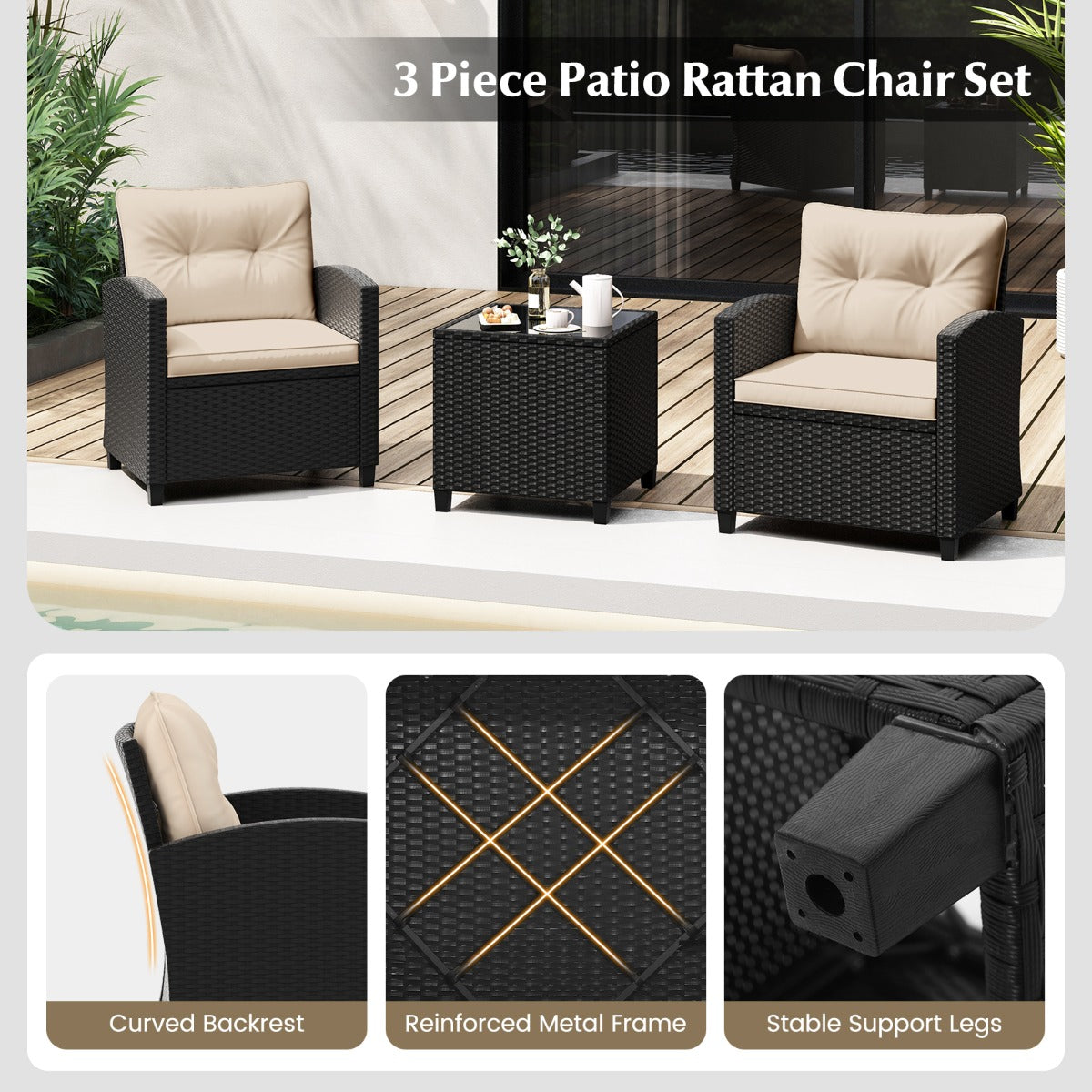 Costway 3-delige Loungeset van Rotan Tuinmeubelset met Zit- en Rugkussens Bijzettafel Comfortabele Zitgroep voor Tuin Beige