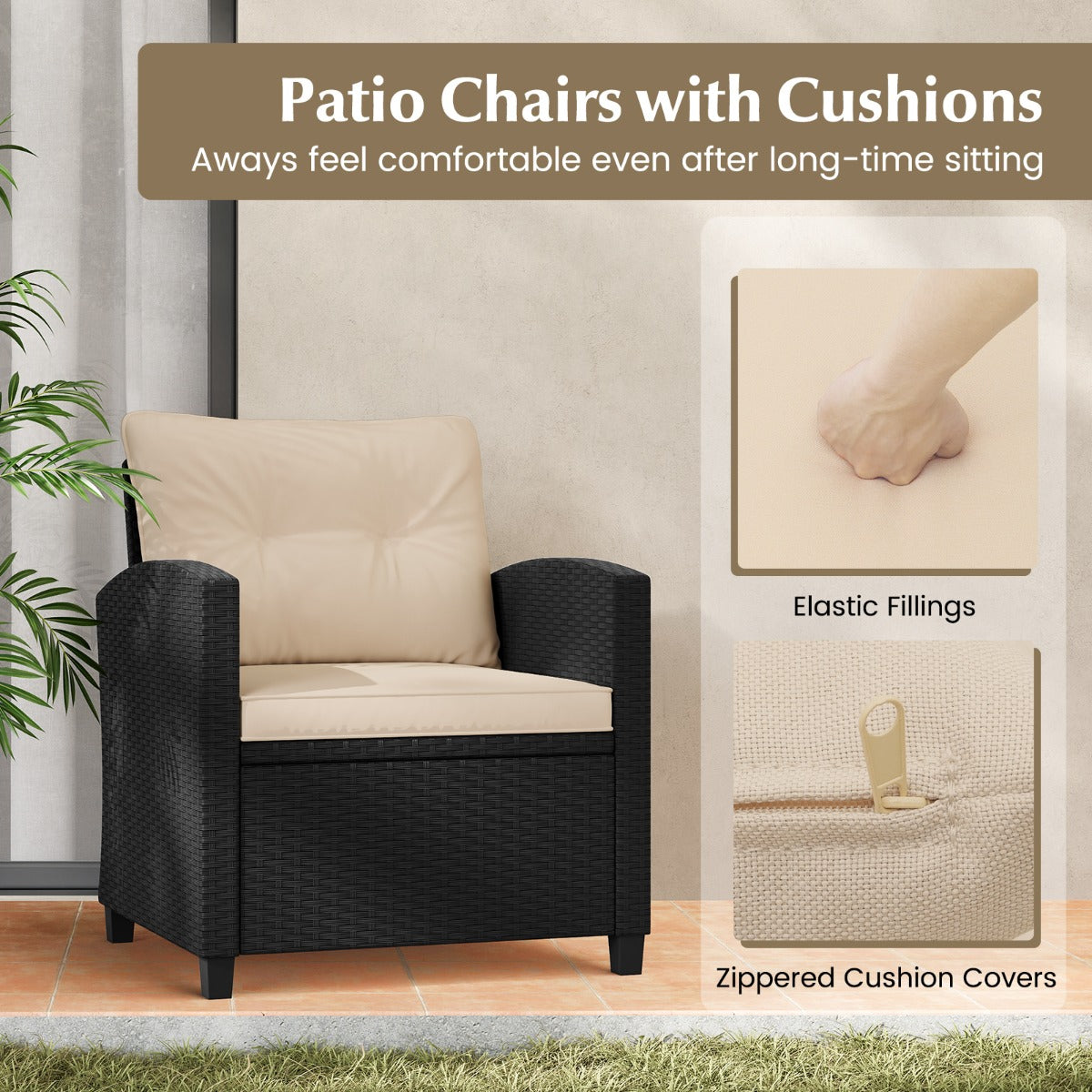 Costway 3-delige Loungeset van Rotan Tuinmeubelset met Zit- en Rugkussens Bijzettafel Comfortabele Zitgroep voor Tuin Beige