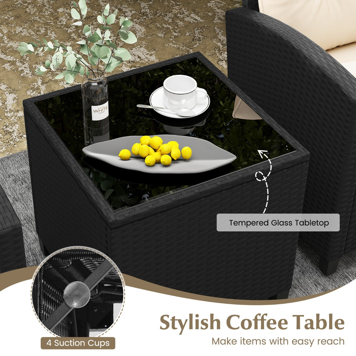 Costway 3-delige Loungeset van Rotan Tuinmeubelset met Zit- en Rugkussens Bijzettafel Comfortabele Zitgroep voor Tuin Beige
