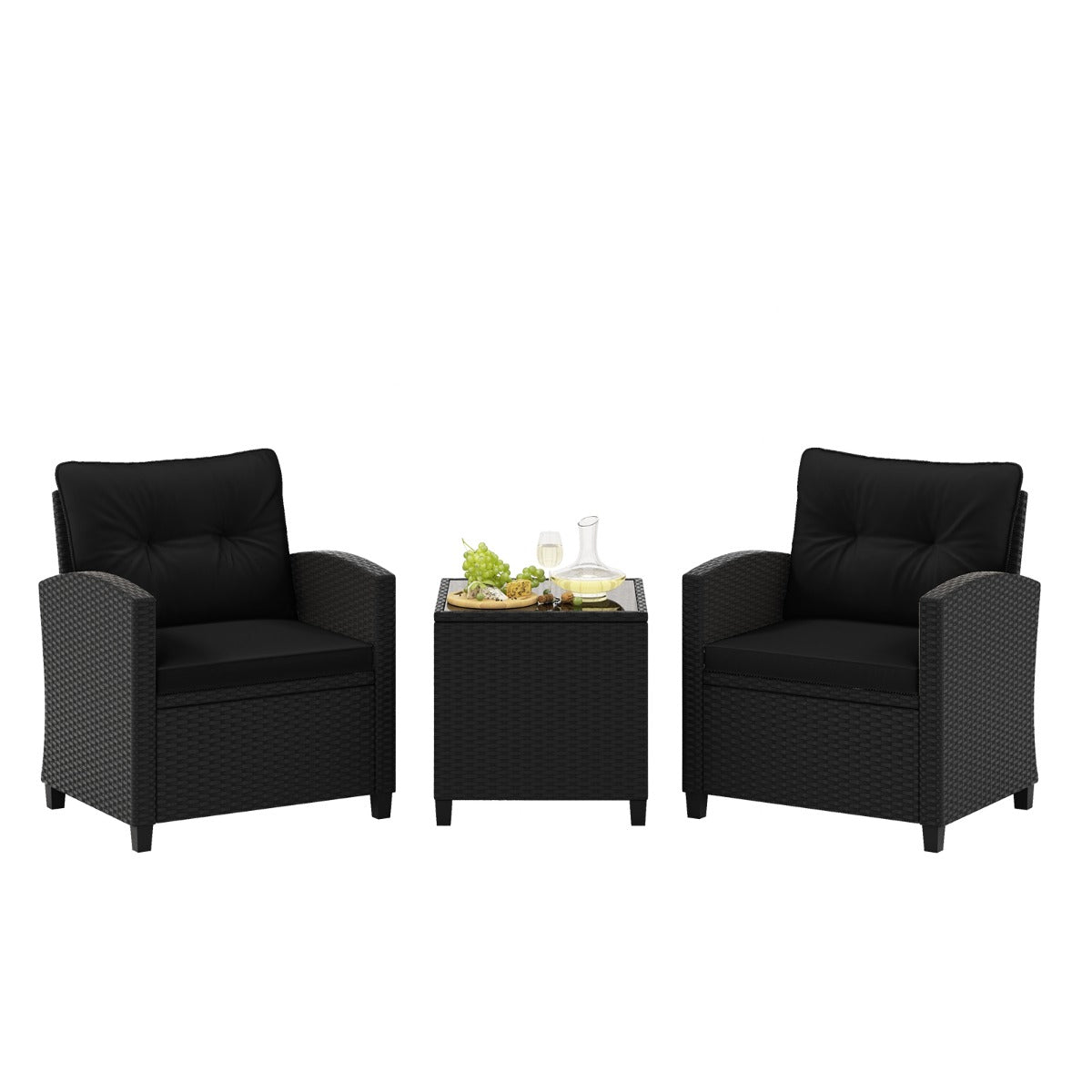 Costway 3-delige Loungeset van Rotan Tuinmeubelset met Zit- en Rugkussens Bijzettafel Comfortabele Zitgroep voor Tuin Zwart