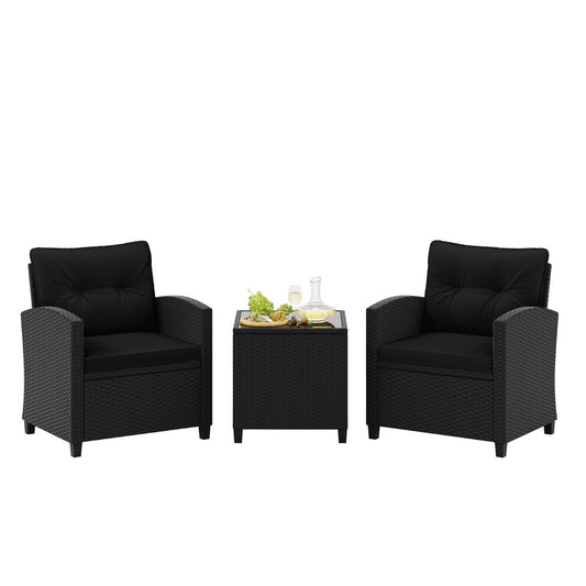 Costway 3-delige Loungeset van Rotan Tuinmeubelset met Zit- en Rugkussens Bijzettafel Comfortabele Zitgroep voor Tuin Zwart