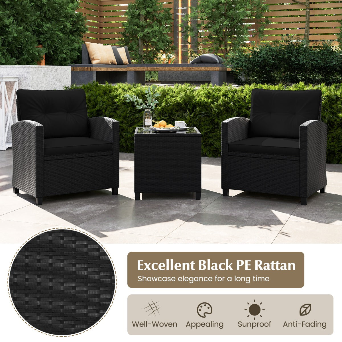 Costway 3-delige Loungeset van Rotan Tuinmeubelset met Zit- en Rugkussens Bijzettafel Comfortabele Zitgroep voor Tuin Zwart