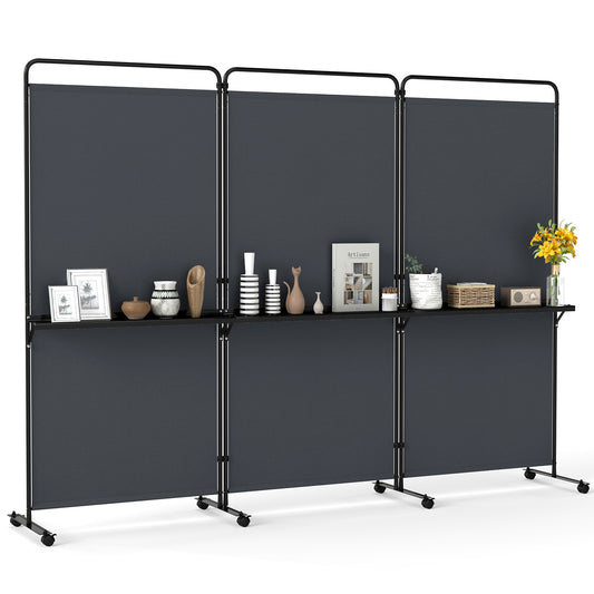 Costway 3-delige Ruimteverdeler op Wieltjes Opvouwbaar Kamerscherm met 3 Planken 259 x 44 x 188 cm Grijs