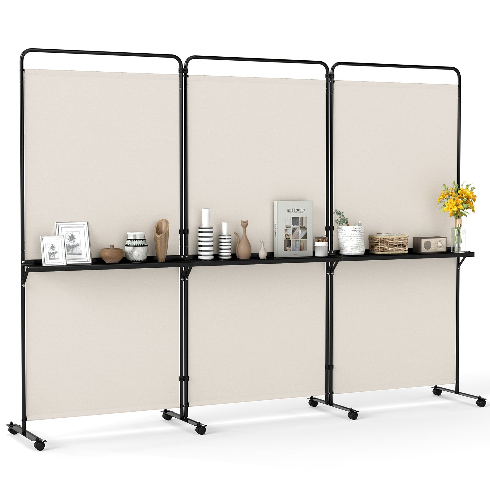 Costway 3-delige Ruimteverdeler op Wieltjes Opvouwbaar Kamerscherm met 3 Planken 259 x 44 x 188 cm Wit