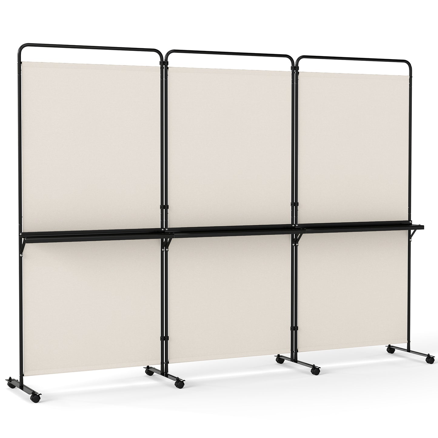 Costway 3-delige Ruimteverdeler op Wieltjes Opvouwbaar Kamerscherm met 3 Planken 259 x 44 x 188 cm Wit