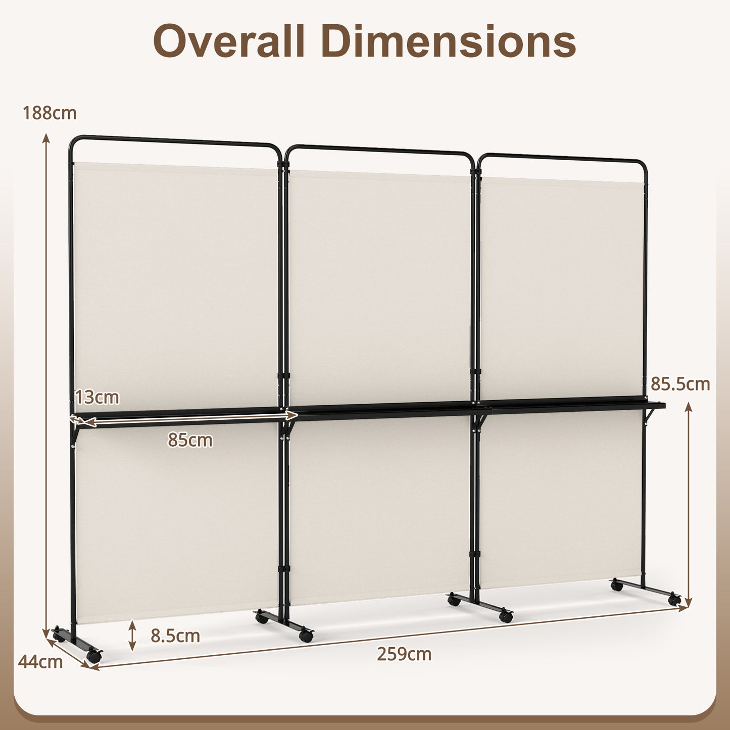 Costway 3-delige Ruimteverdeler op Wieltjes Opvouwbaar Kamerscherm met 3 Planken 259 x 44 x 188 cm Wit
