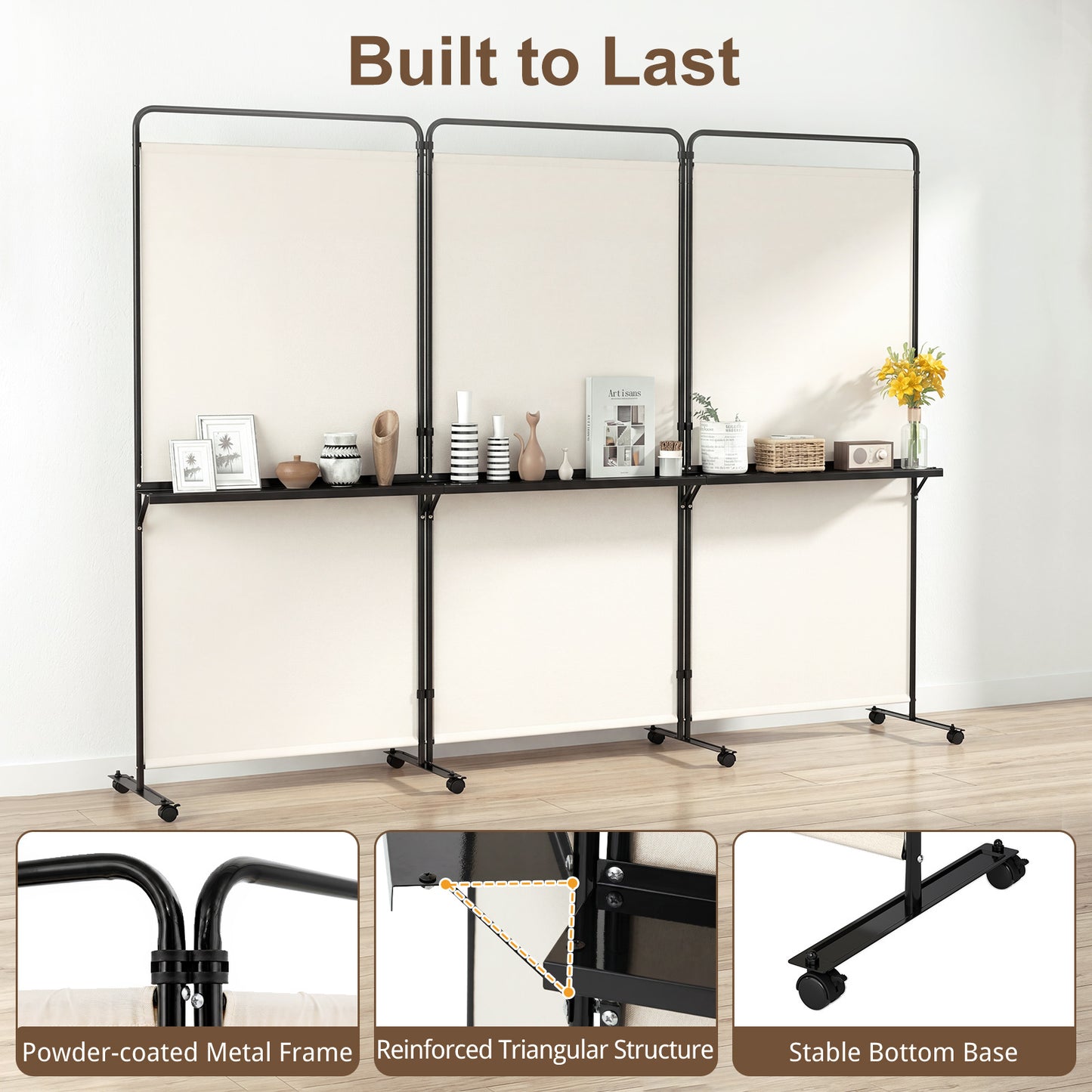 Costway 3-delige Ruimteverdeler op Wieltjes Opvouwbaar Kamerscherm met 3 Planken 259 x 44 x 188 cm Wit