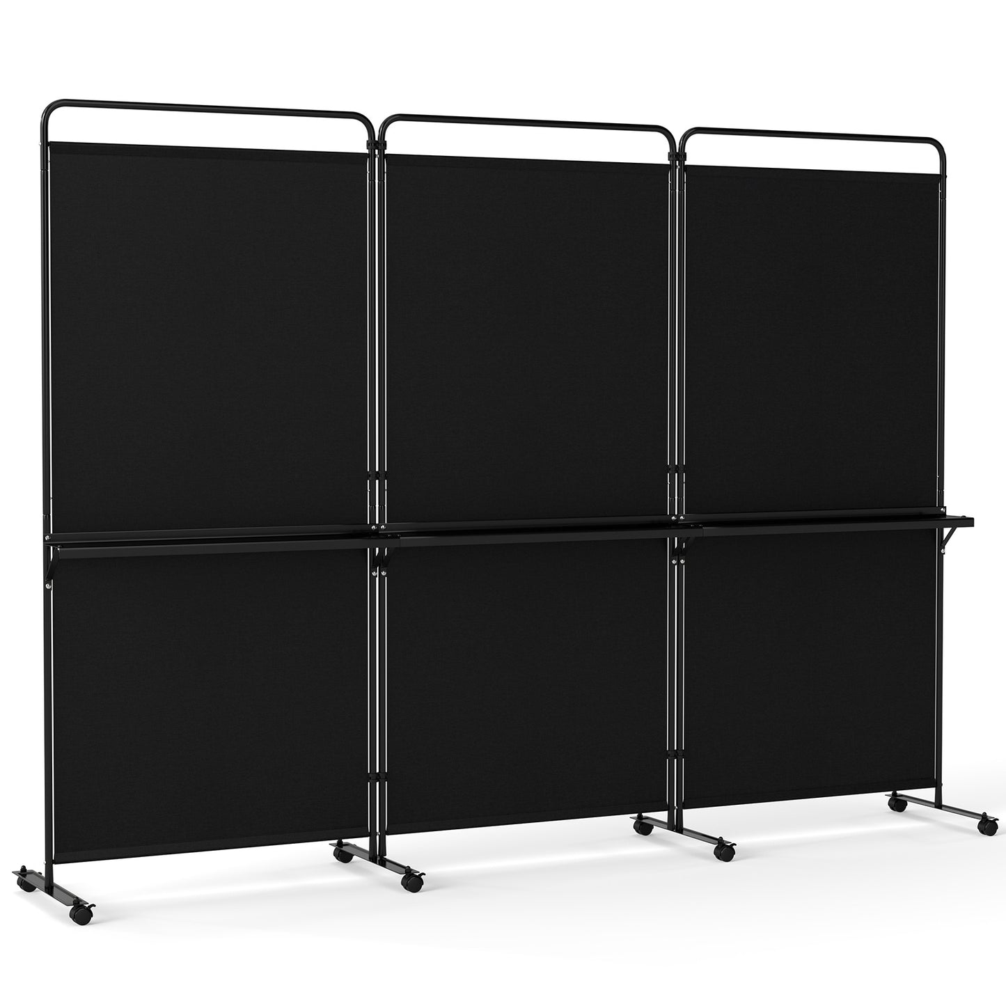 Costway 3-delige Ruimteverdeler op Wieltjes Opvouwbaar Kamerscherm met 3 Planken 259 x 44 x 188 cm Zwart