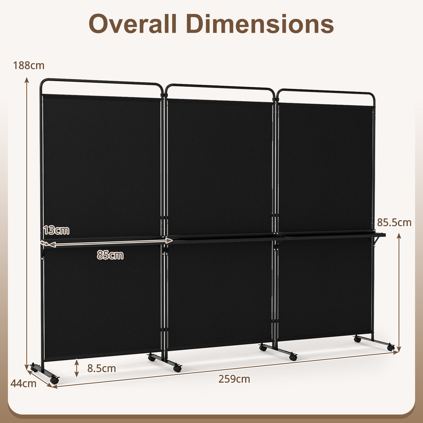 Costway 3-delige Ruimteverdeler op Wieltjes Opvouwbaar Kamerscherm met 3 Planken 259 x 44 x 188 cm Zwart