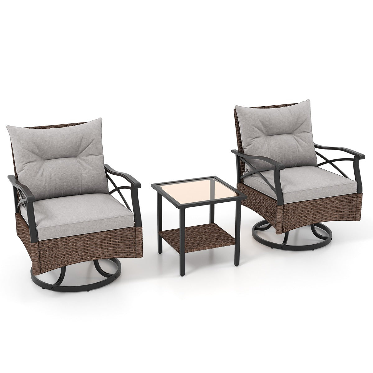 Costway 3-Delige Terrasmeubelset Rotan Tuinmeubelen met Twee 360° Draaibare Gestoffeerde Schommelstoelen en 1 Salontafel van Gehard Glas