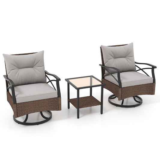 Costway 3-Delige Terrasmeubelset Rotan Tuinmeubelen met Twee 360° Draaibare Gestoffeerde Schommelstoelen en 1 Salontafel van Gehard Glas
