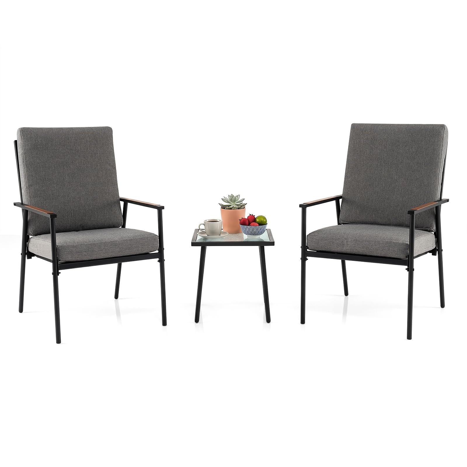 Costway 3-Delige Tuinmeubelset Balkonmeubels met 2 Stoelen met Metalen Frame en een Tafel met Glazen Blad Bistroset Inclusief Kussens Grijs
