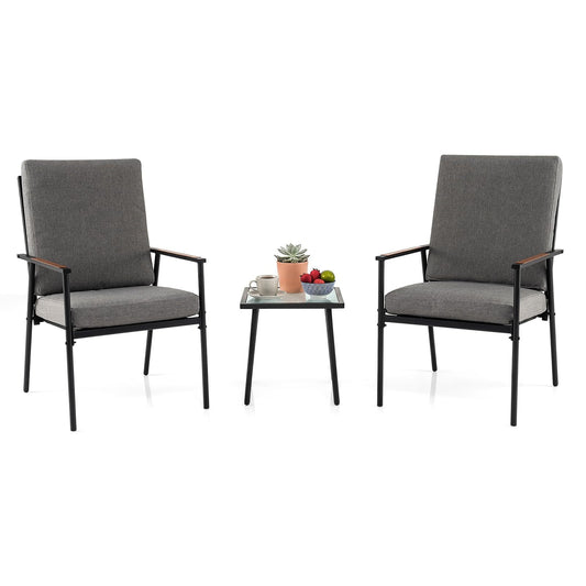 Costway 3-Delige Tuinmeubelset Balkonmeubels met 2 Stoelen met Metalen Frame en een Tafel met Glazen Blad Bistroset Inclusief Kussens Grijs