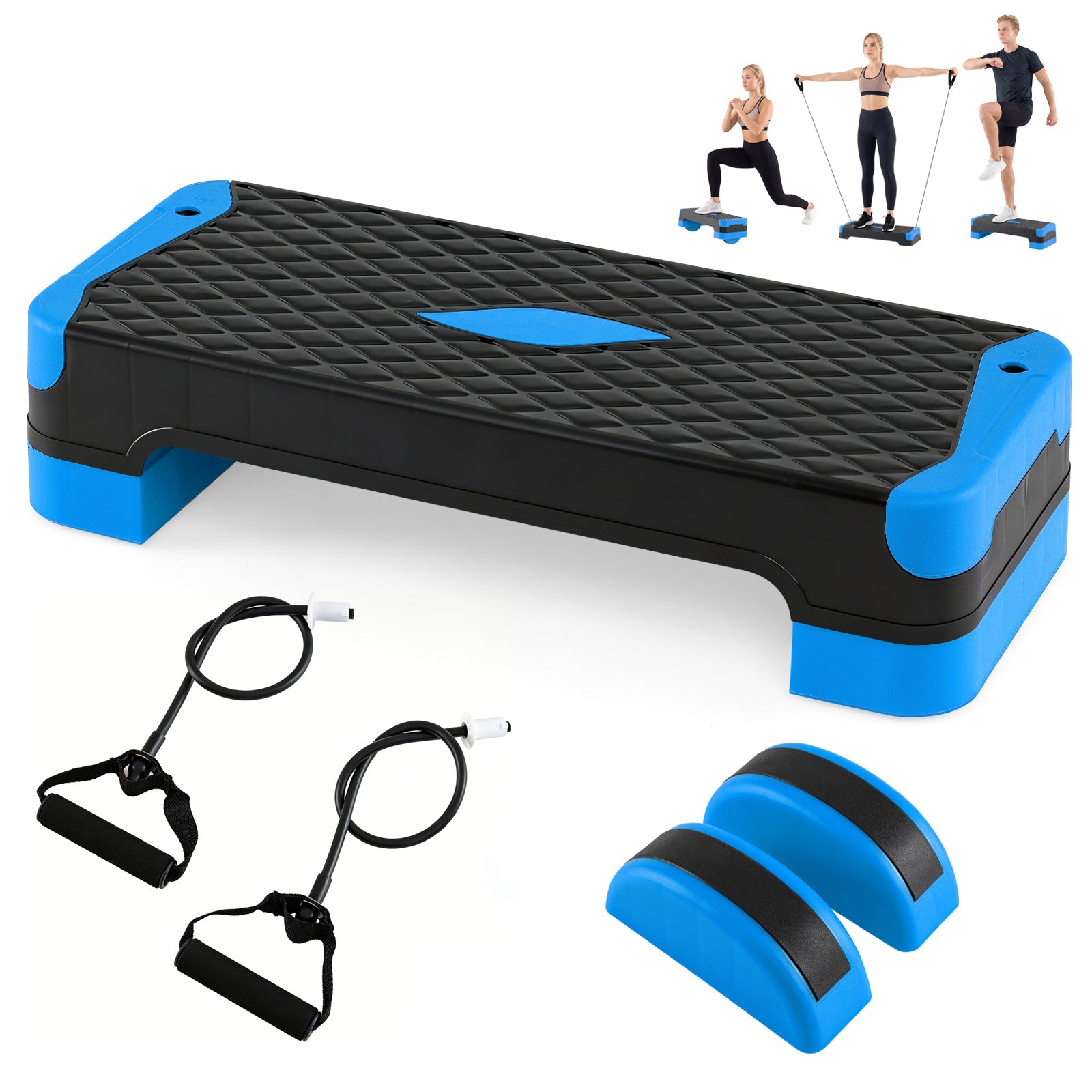 Costway 3 in 1 Blauw Aerobic Stepper hoogte verstelbaar Fitness Stepper met 2 Stapelbare Verhogingen Balanstrainers Weerstandsband Antislip Oppervlak Stepboard