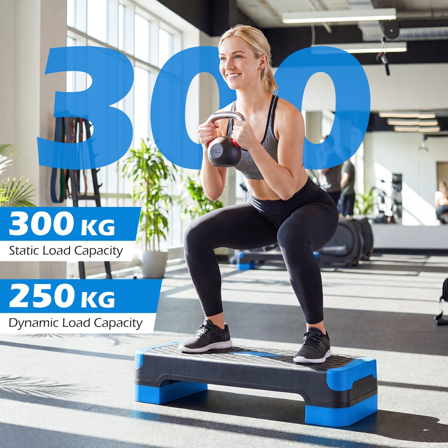 Costway 3 in 1 Blauw Aerobic Stepper hoogte verstelbaar Fitness Stepper met 2 Stapelbare Verhogingen Balanstrainers Weerstandsband Antislip Oppervlak Stepboard