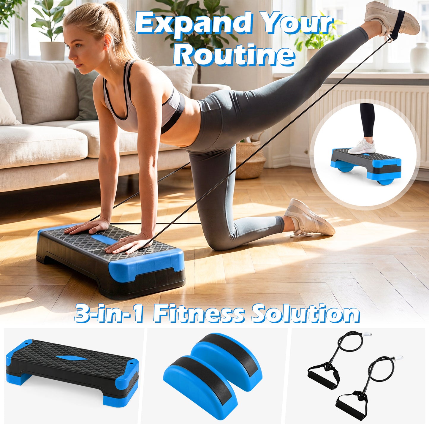Costway 3 in 1 Blauw Aerobic Stepper hoogte verstelbaar Fitness Stepper met 2 Stapelbare Verhogingen Balanstrainers Weerstandsband Antislip Oppervlak Stepboard