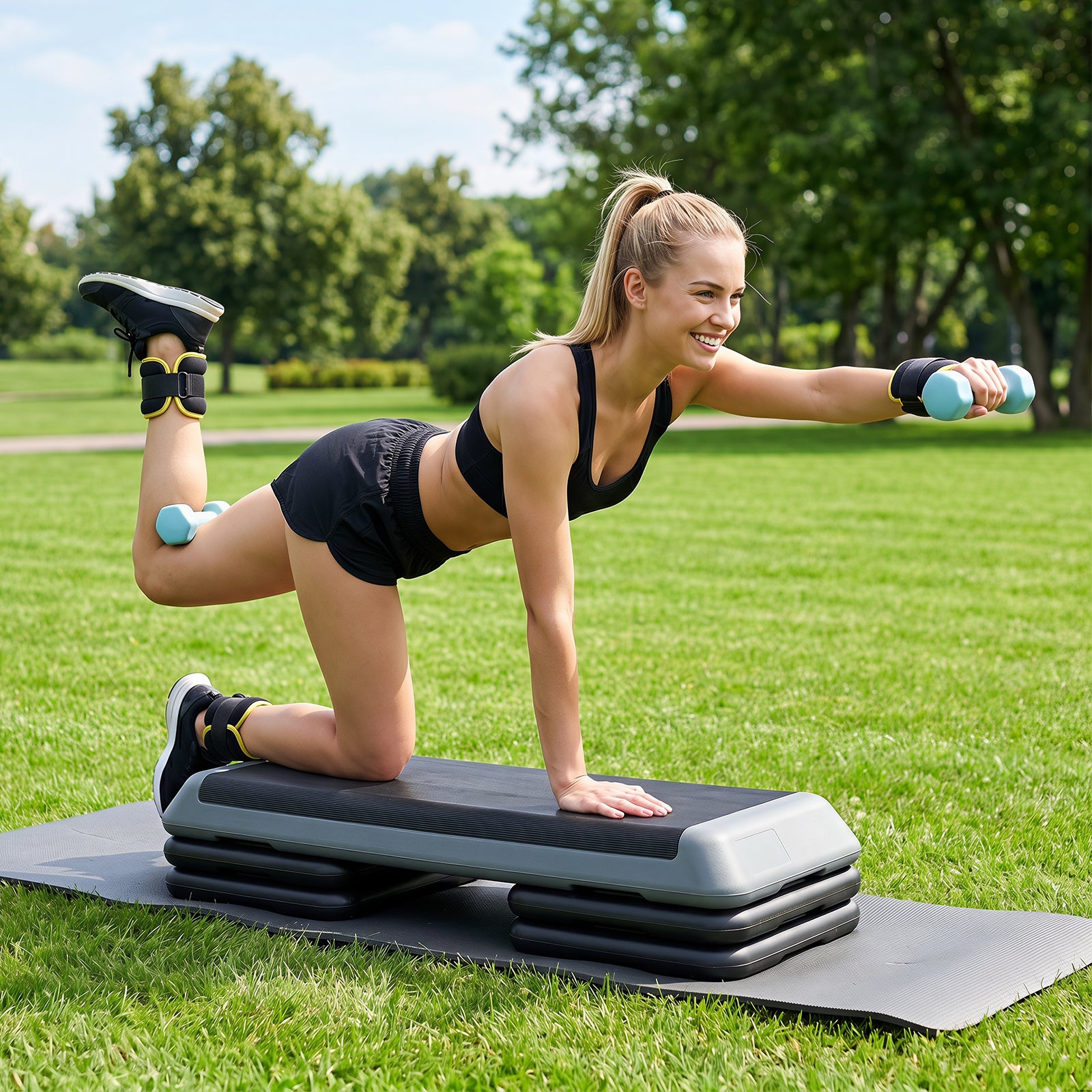 Costway 3 in 1 Grijs Aerobic Stepper Hoogte Verstelbaar Fitness Stepper met 2 Stapelbare Verhogingen Balanstrainers Weerstandsband Antislip Oppervlak Stepboard