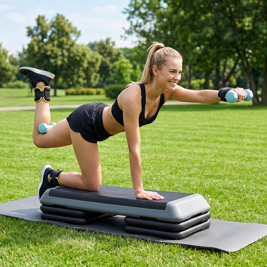 Costway 3 in 1 Grijs Aerobic Stepper Hoogte Verstelbaar Fitness Stepper met 2 Stapelbare Verhogingen Balanstrainers Weerstandsband Antislip Oppervlak Stepboard