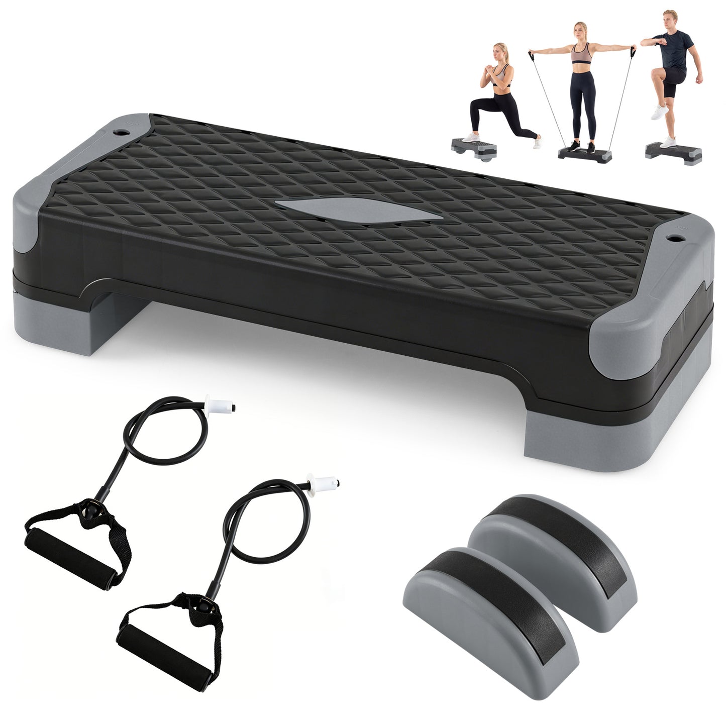 Costway 3 in 1 Grijs Aerobic Stepper Hoogte Verstelbaar Fitness Stepper met 2 Stapelbare Verhogingen Balanstrainers Weerstandsband Antislip Oppervlak Stepboard