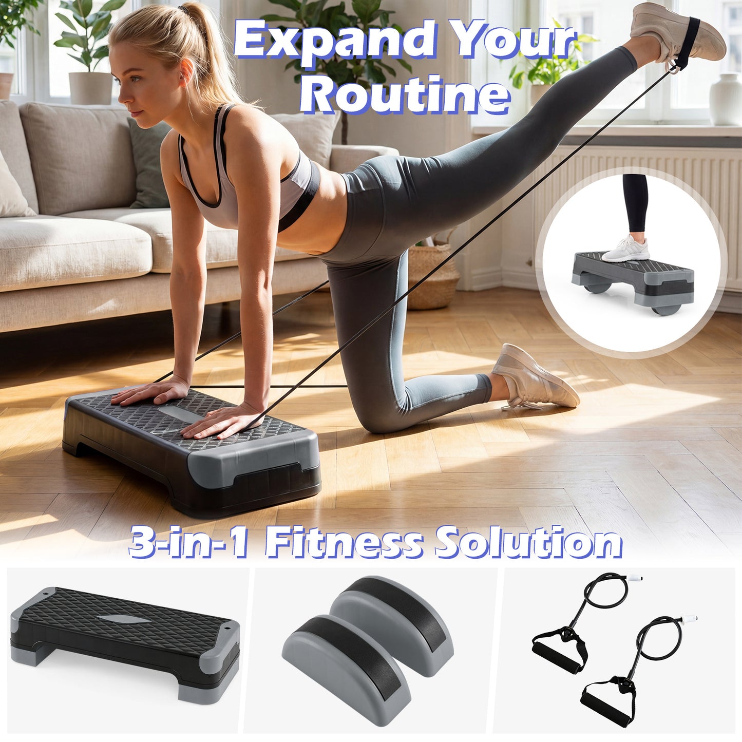 Costway 3 in 1 Grijs Aerobic Stepper Hoogte Verstelbaar Fitness Stepper met 2 Stapelbare Verhogingen Balanstrainers Weerstandsband Antislip Oppervlak Stepboard