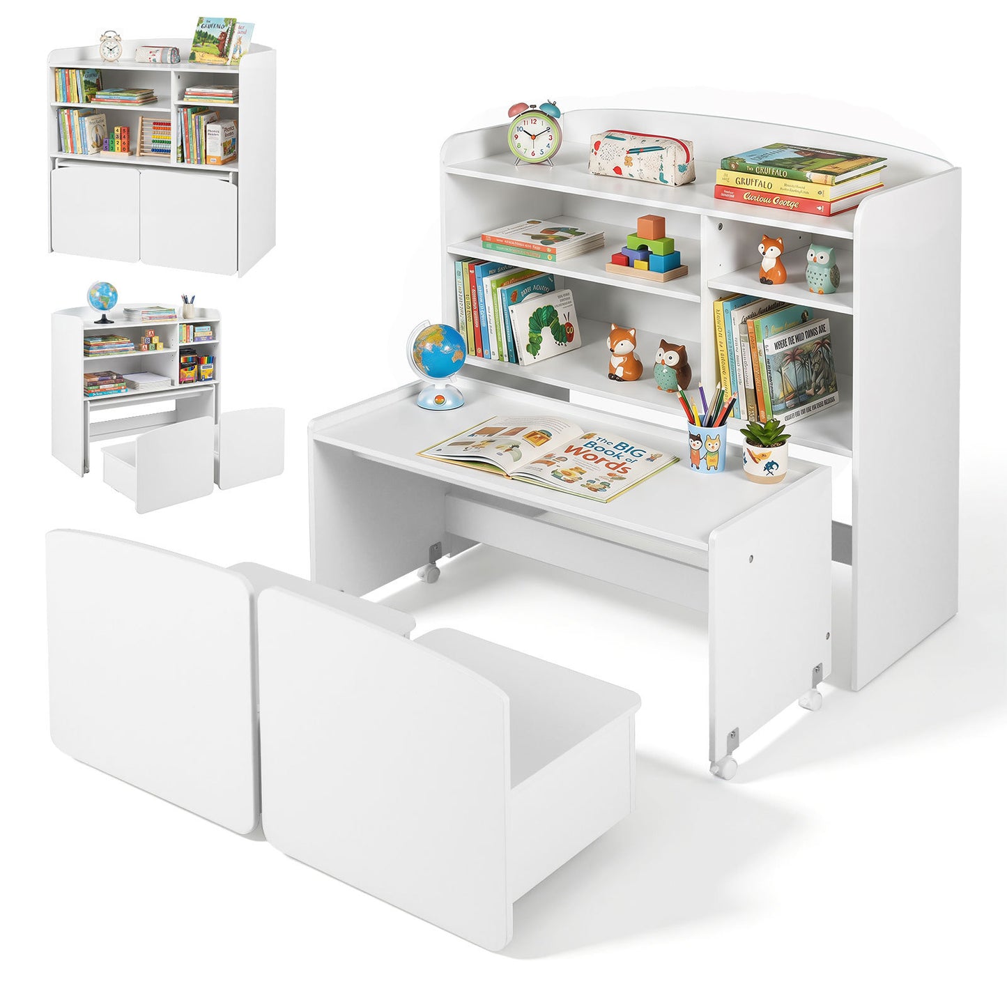 Costway 3 in 1 Kinderrekje Speelgoedrek met Bureau op Wielen & Kinderstoel met Rugleuning Kindertafel met 2 Stoelen